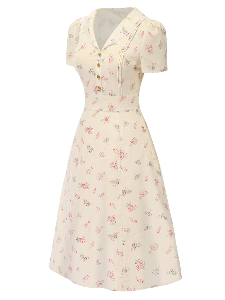 Abito floreale maniche a sbuffo puro cotone beige anni '40