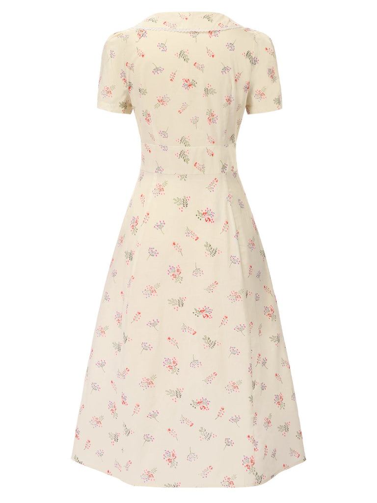 Abito floreale maniche a sbuffo puro cotone beige anni '40