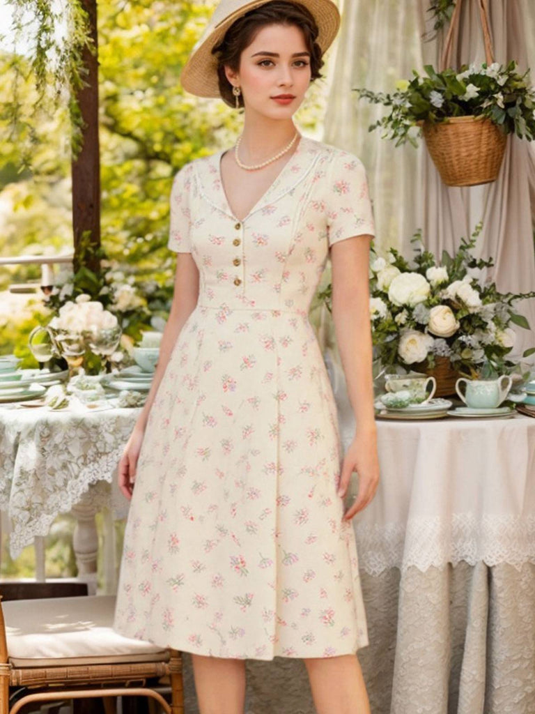 Abito floreale maniche a sbuffo puro cotone blu anni '40
