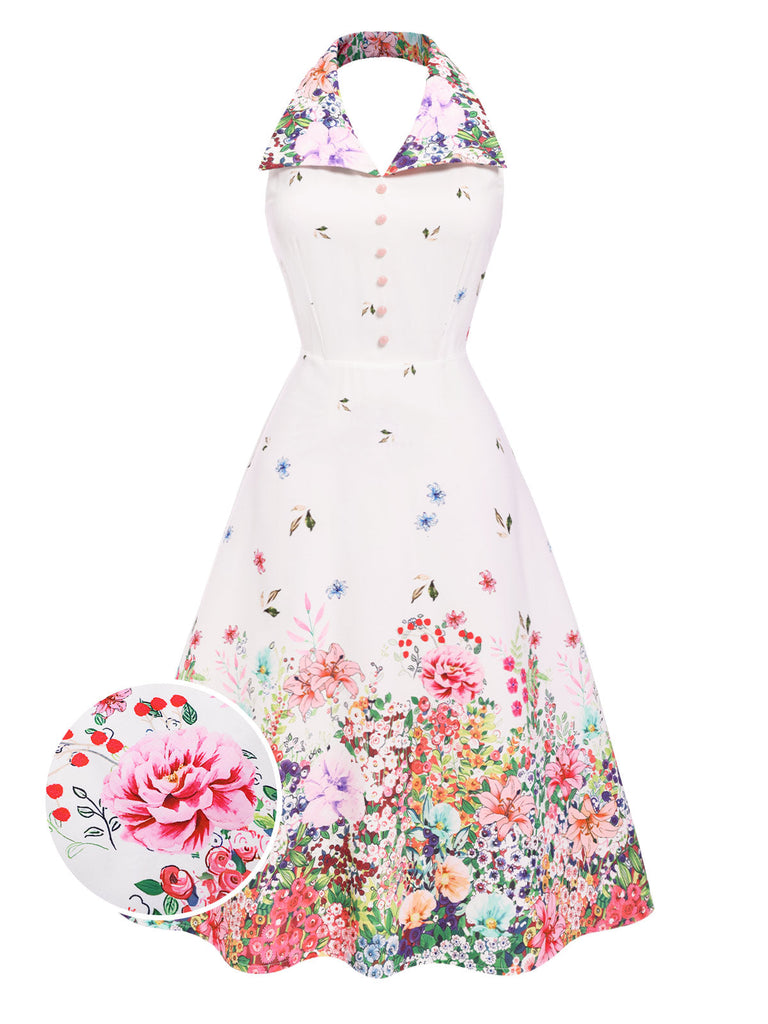 Abito floreale patchwork con revers bianco anni '40