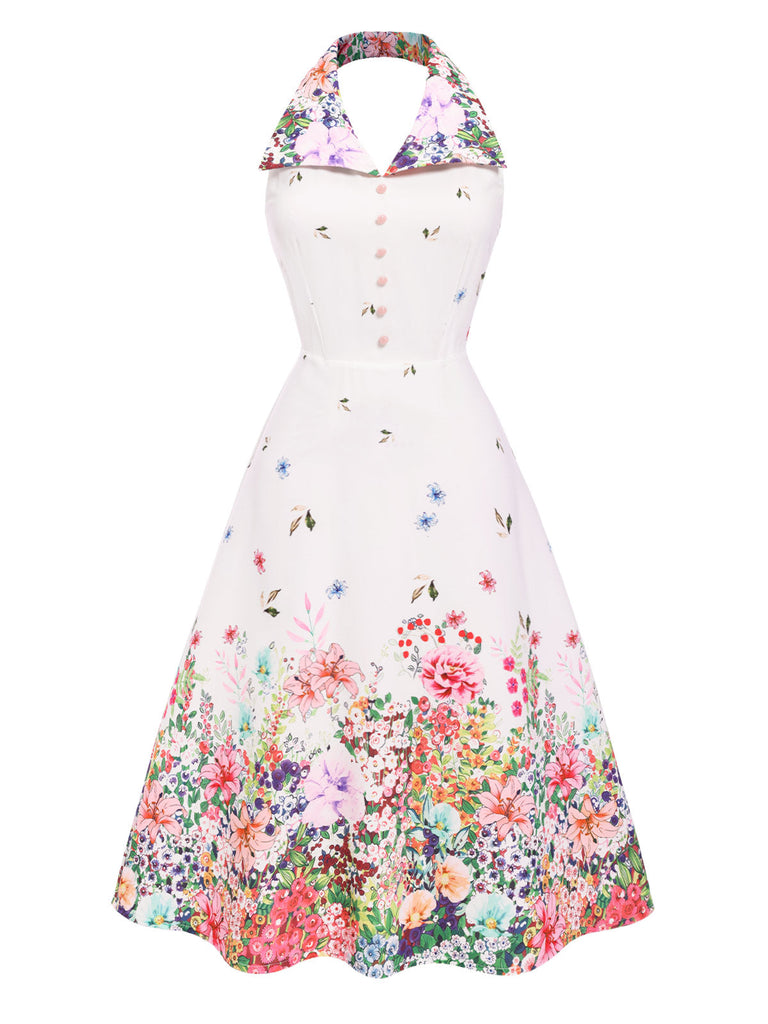 Abito floreale patchwork con revers bianco anni '40