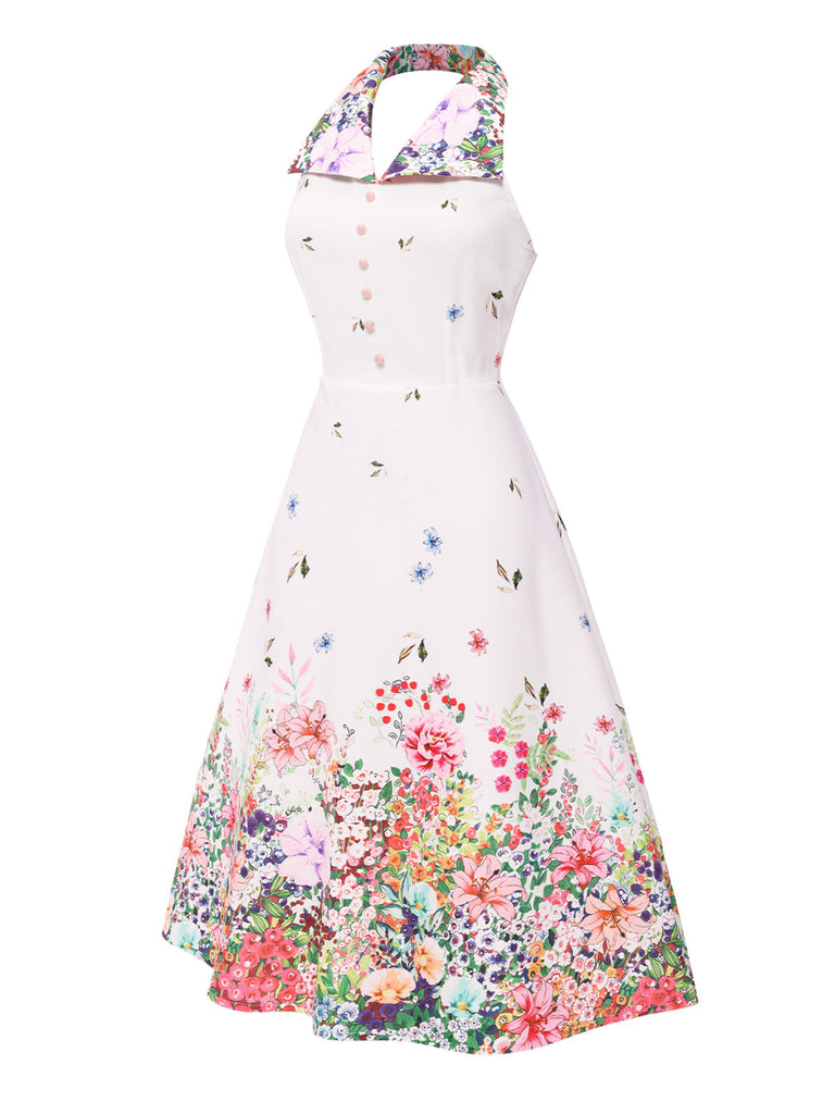 Abito floreale patchwork con revers bianco anni '40