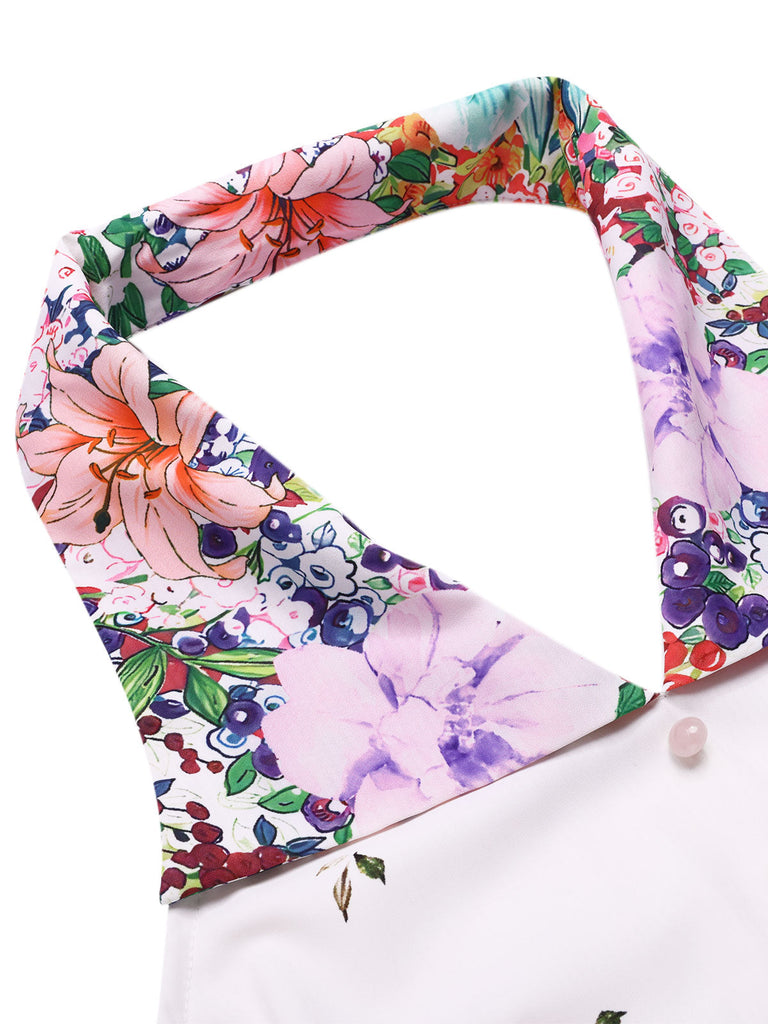 Abito floreale patchwork con revers bianco anni '40