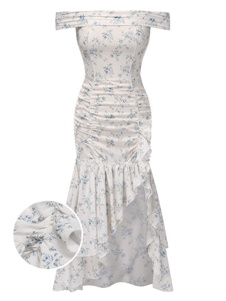 Abito spalle scoperte e volant floreali blu anni '30