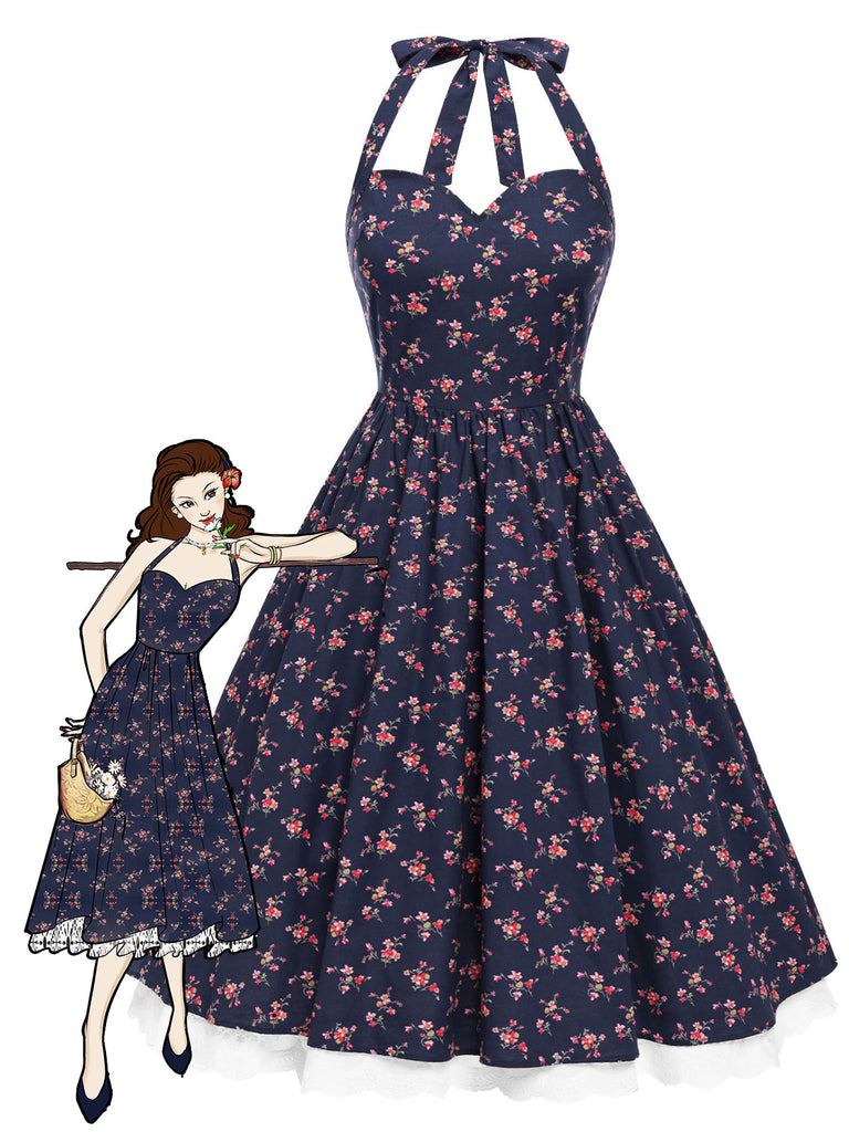 [Prevendita] Abito floreale in cotone con pizzo blu anni '50
