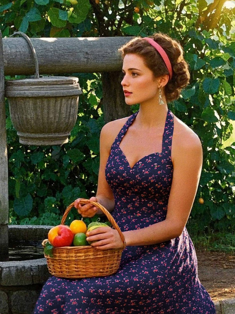 [Prevendita] Abito floreale in cotone con pizzo blu anni '50