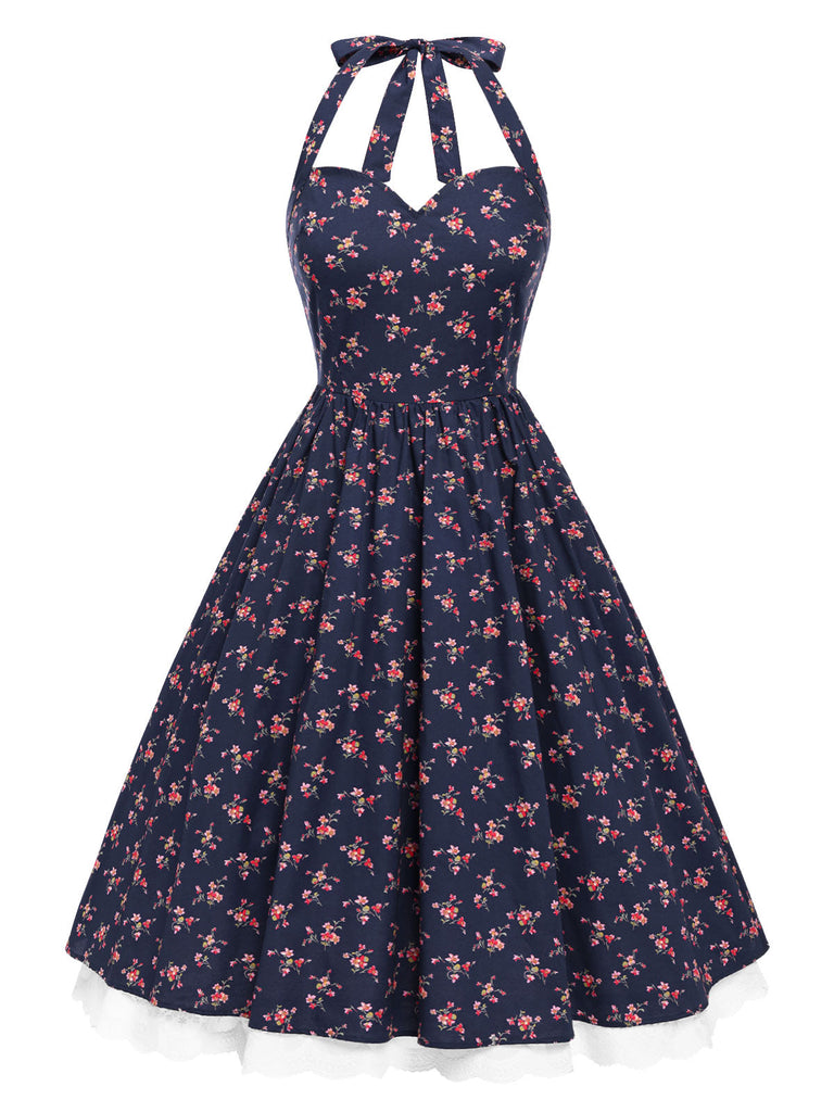 [Prevendita] Abito floreale in cotone con pizzo blu anni '50
