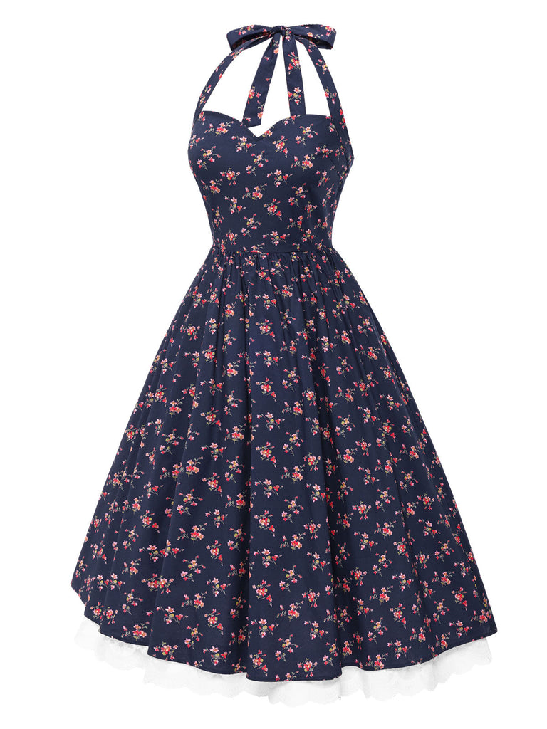 [Prevendita] Abito floreale in cotone con pizzo blu anni '50