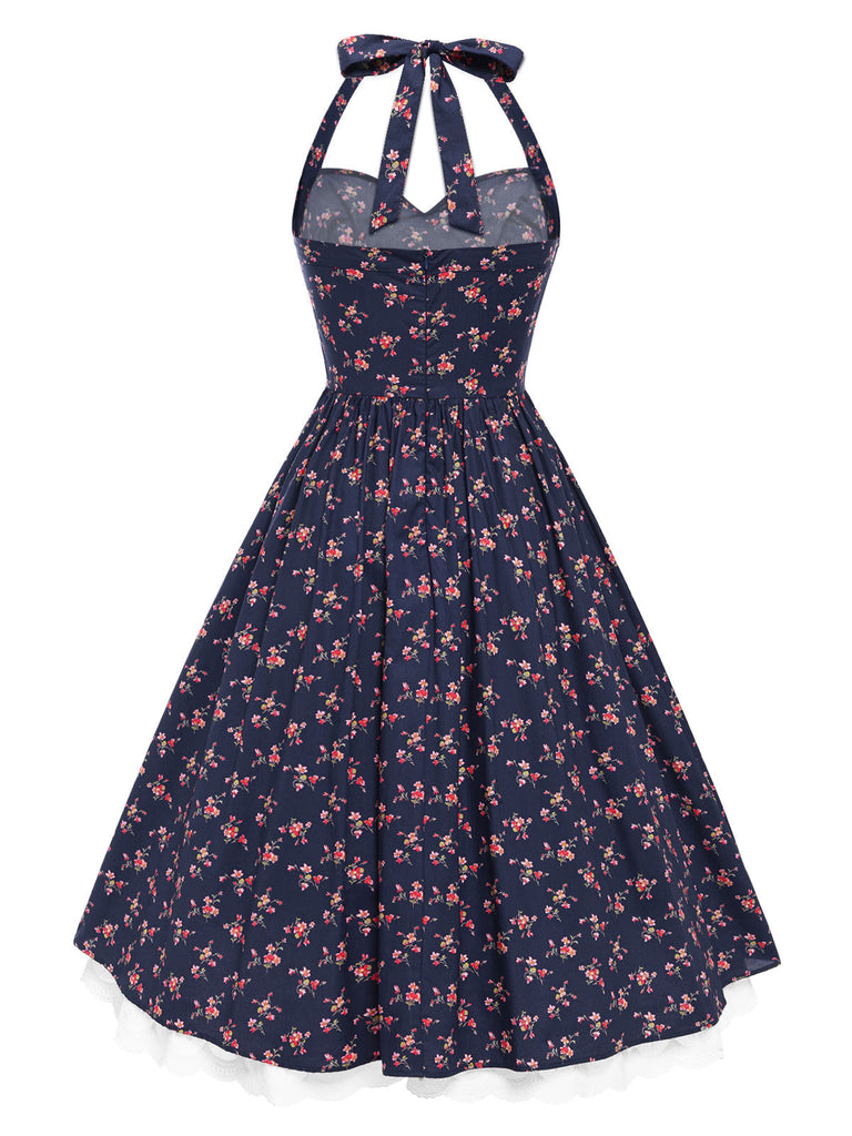 [Prevendita] Abito floreale in cotone con pizzo blu anni '50