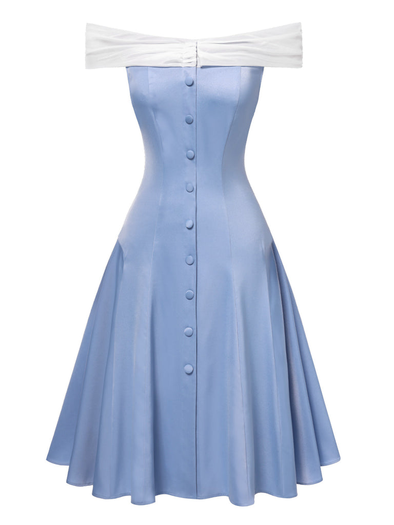 Abito da principessa in tulle con spalle scoperte blu anni '50