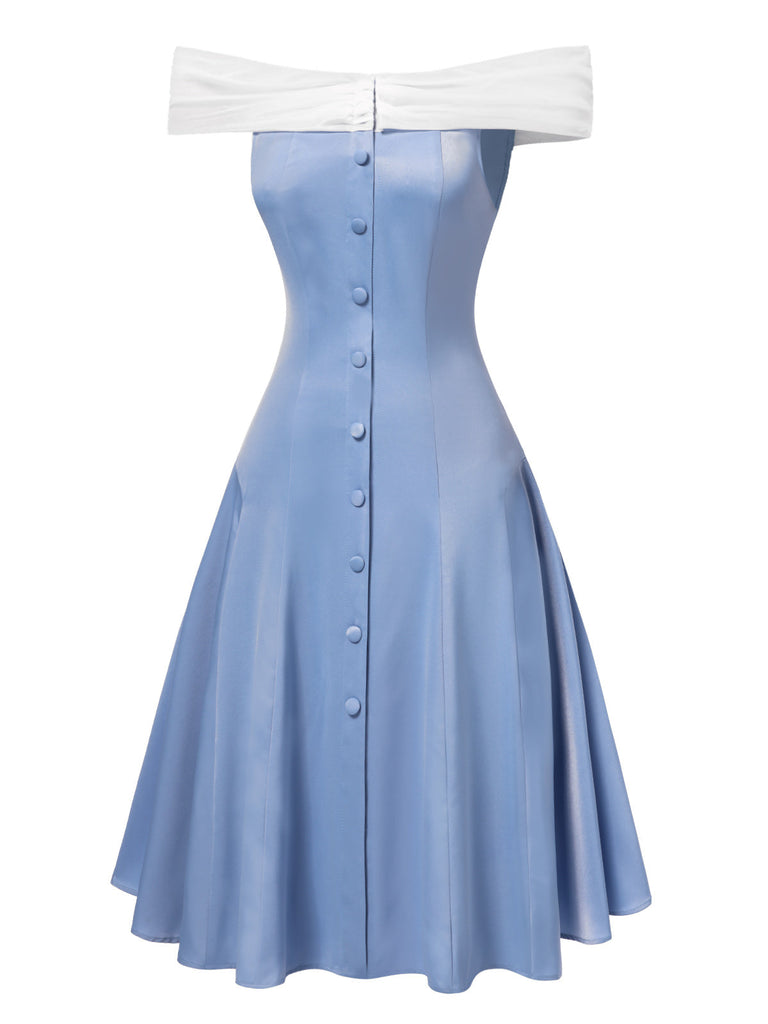 Abito da principessa in tulle con spalle scoperte blu anni '50