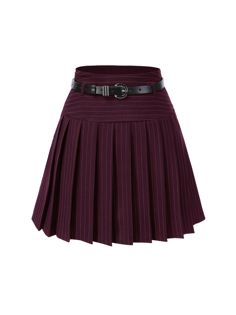 2PCS Top gessato e gonna a pieghe bordeaux anni '60