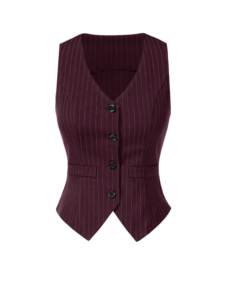 2PCS Top gessato e gonna a pieghe bordeaux anni '60