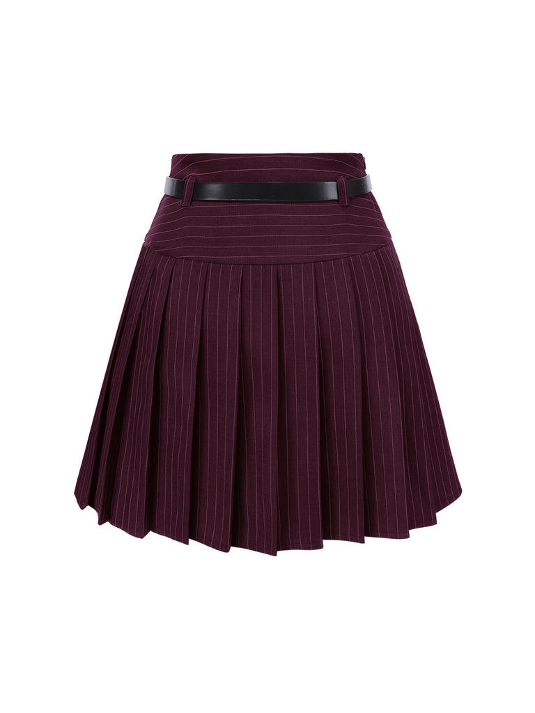 2PCS Top gessato e gonna a pieghe bordeaux anni '60