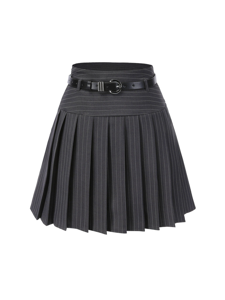 2PCS Top gessato grigio scuro e gonna a pieghe anni '60