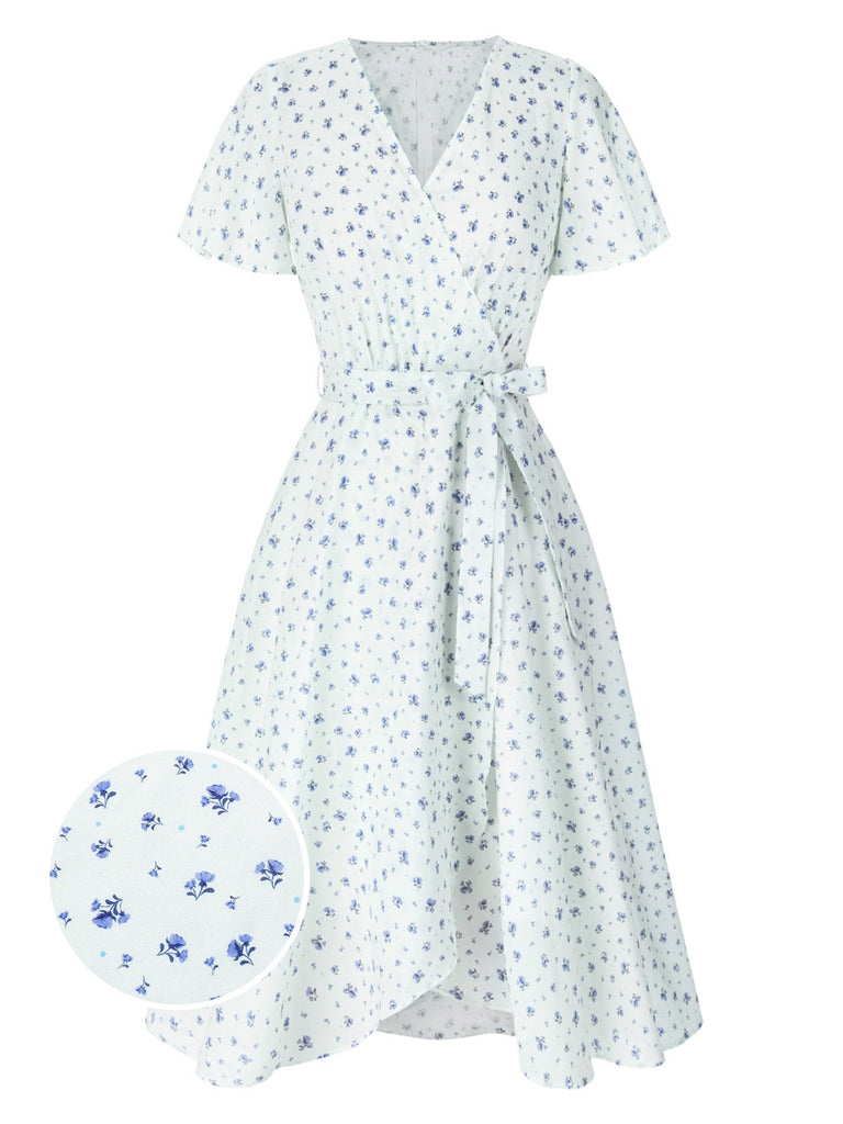 Abito floreale con cravatta obliqua in cotone bianco anni '40