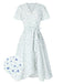 Abito floreale con cravatta obliqua in cotone bianco anni '40