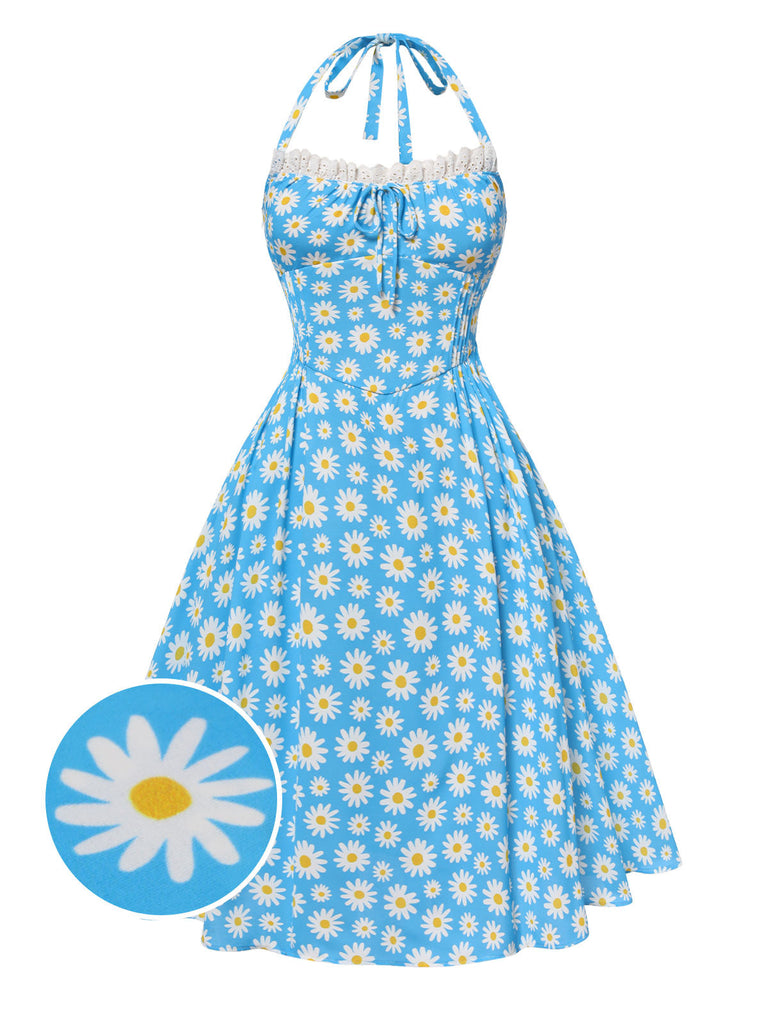 Abito scollo all'americana lacci e margherite blu anni '50