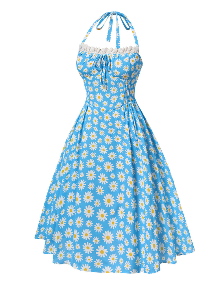 Abito scollo all'americana lacci e margherite blu anni '50
