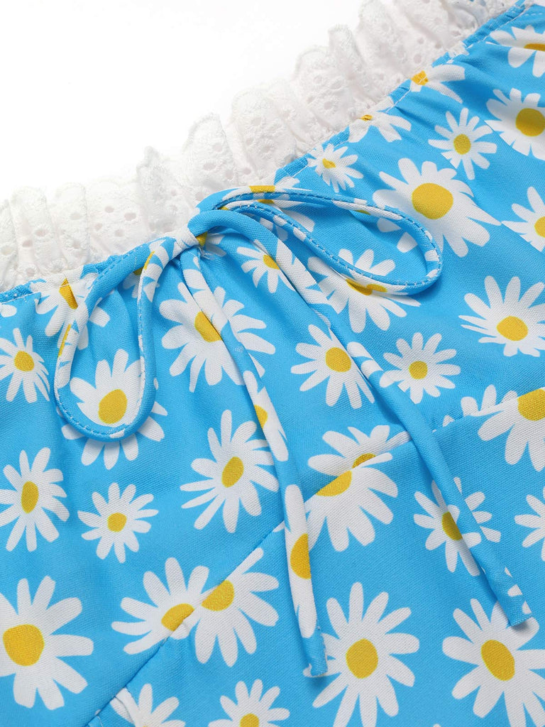 Abito scollo all'americana lacci e margherite blu anni '50