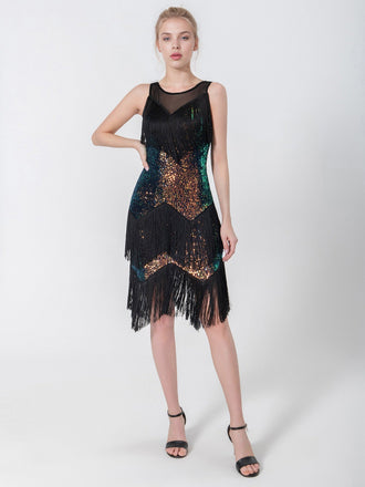 Abito con perline frange senza maniche nero anni '20