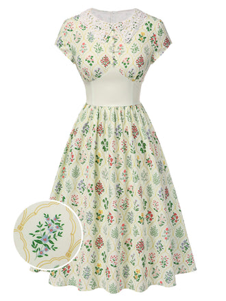 Abito beige maniche a cappuccio colletto in pizzo floreale anni '40