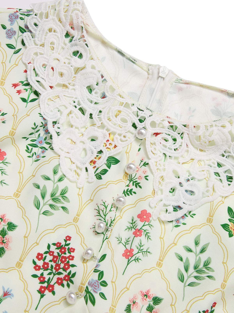 Abito beige maniche a cappuccio colletto in pizzo floreale anni '40