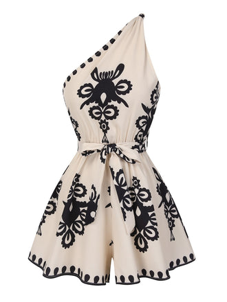 [Prevendita] Tuta corta stampa tribale e scollo obliquo beige anni '40