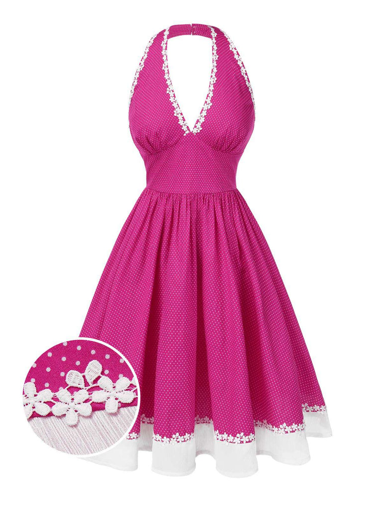 Abito in cotone e pois con scollo all'americana rosa anni '50