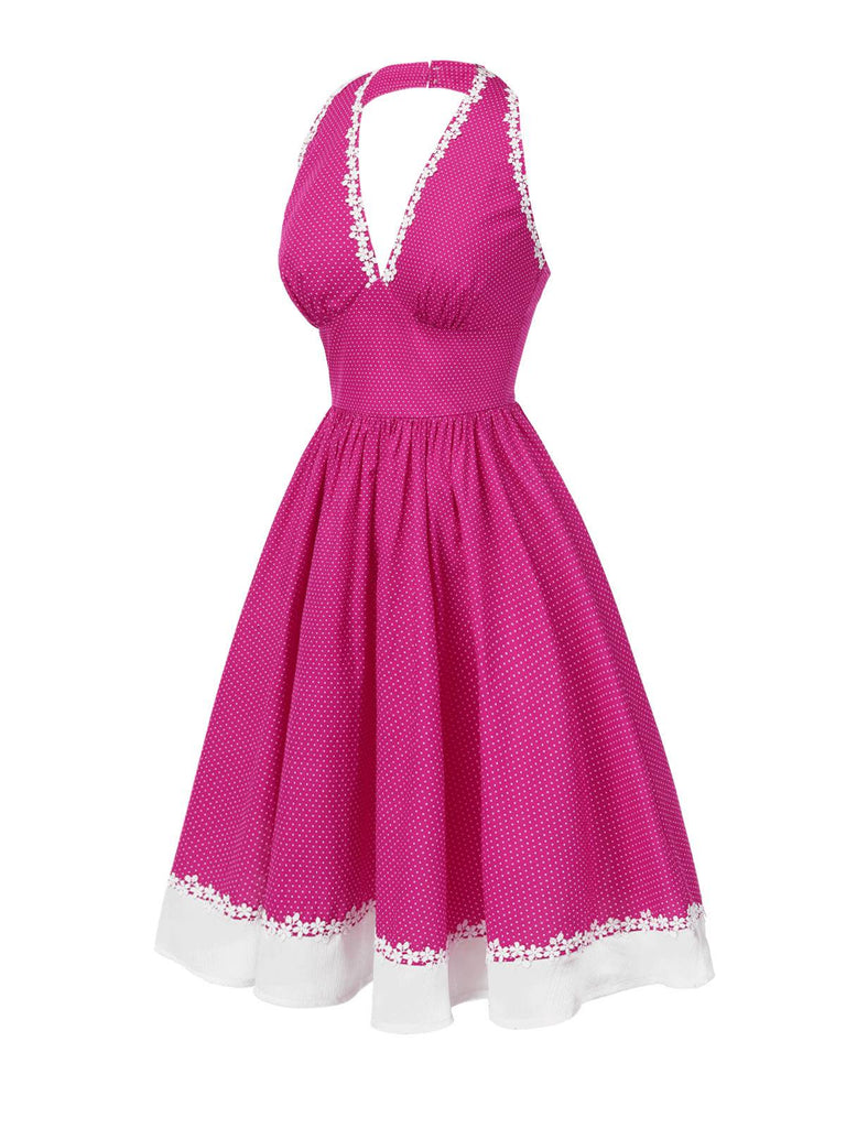 Abito in cotone e pois con scollo all'americana rosa anni '50