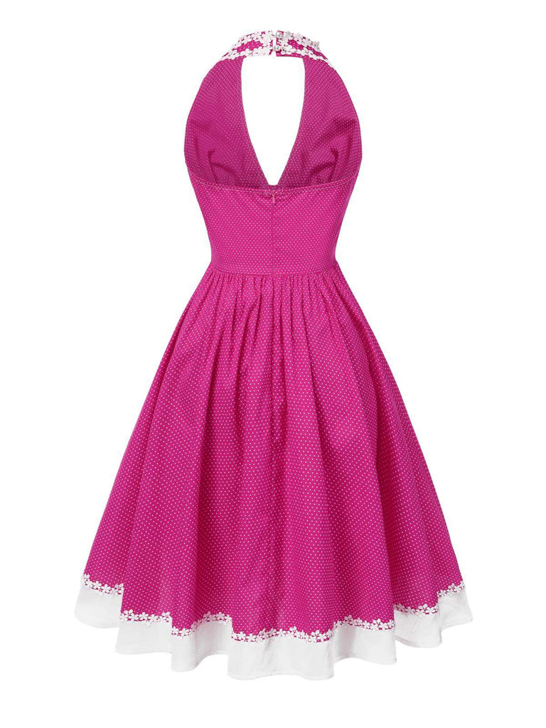 Abito in cotone e pois con scollo all'americana rosa anni '50