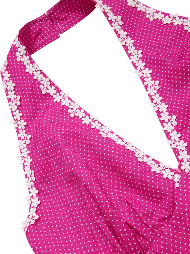 Abito in cotone e pois con scollo all'americana rosa anni '50
