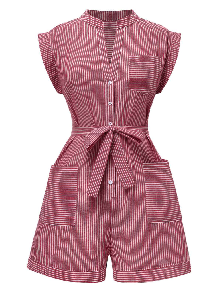Tuta corta a righe cintura e tasche scollo a V rosa anni '40