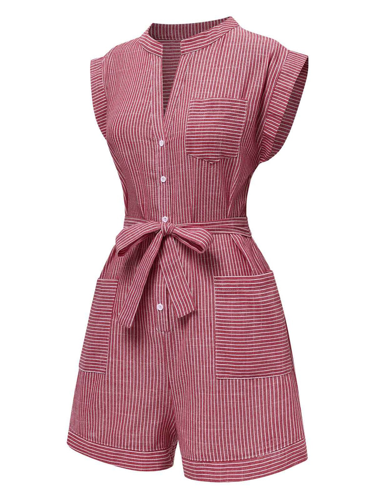 Tuta corta a righe cintura e tasche scollo a V rosa anni '40
