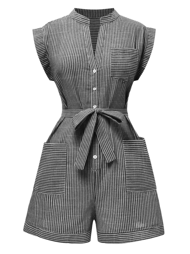 Tuta corta a righe cintura e tasche scollo a V rosa anni '40