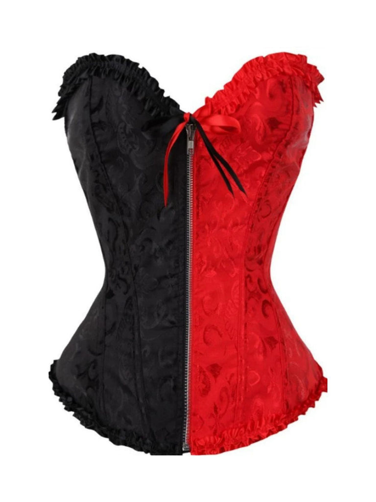 Corsetto gotico in jacquard con volant nero e rosso anni '80