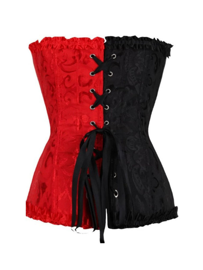 Corsetto gotico in jacquard con volant nero e rosso anni '80