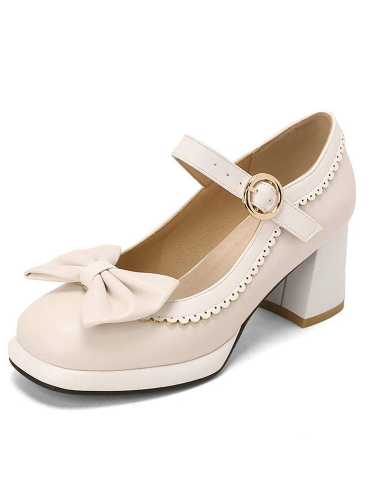 Scarpe Mary Jane con tacco grosso e fiocco rosso