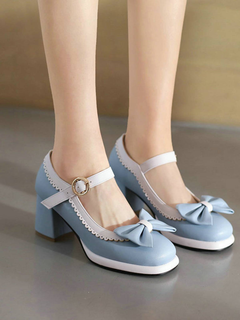 Scarpe Mary Jane con tacco grosso e fiocco rosso