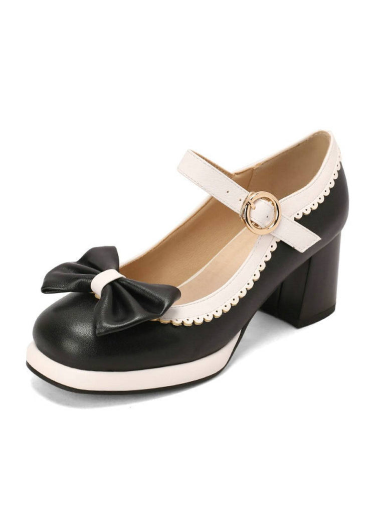 Scarpe Mary Jane con tacco grosso e fiocco rosso