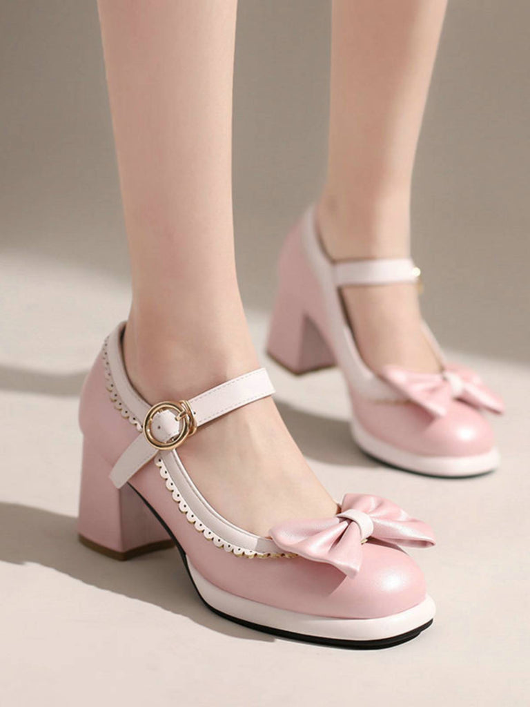 Scarpe Mary Jane con tacco grosso e fiocco rosso