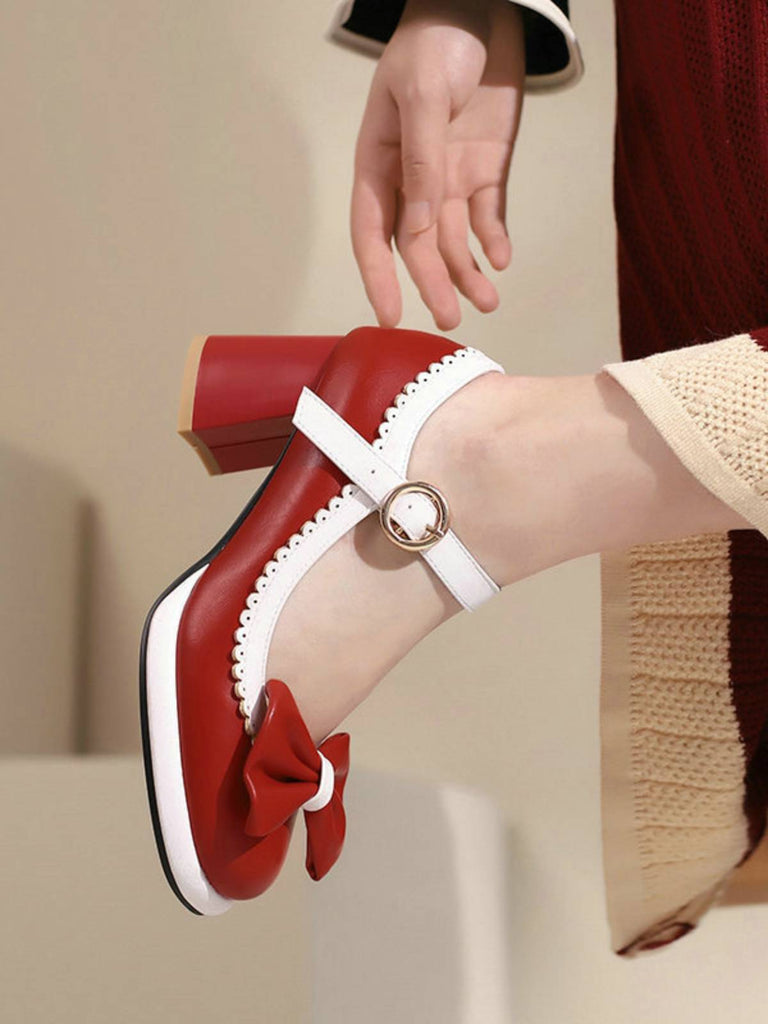 Scarpe Mary Jane con tacco grosso e fiocco rosso