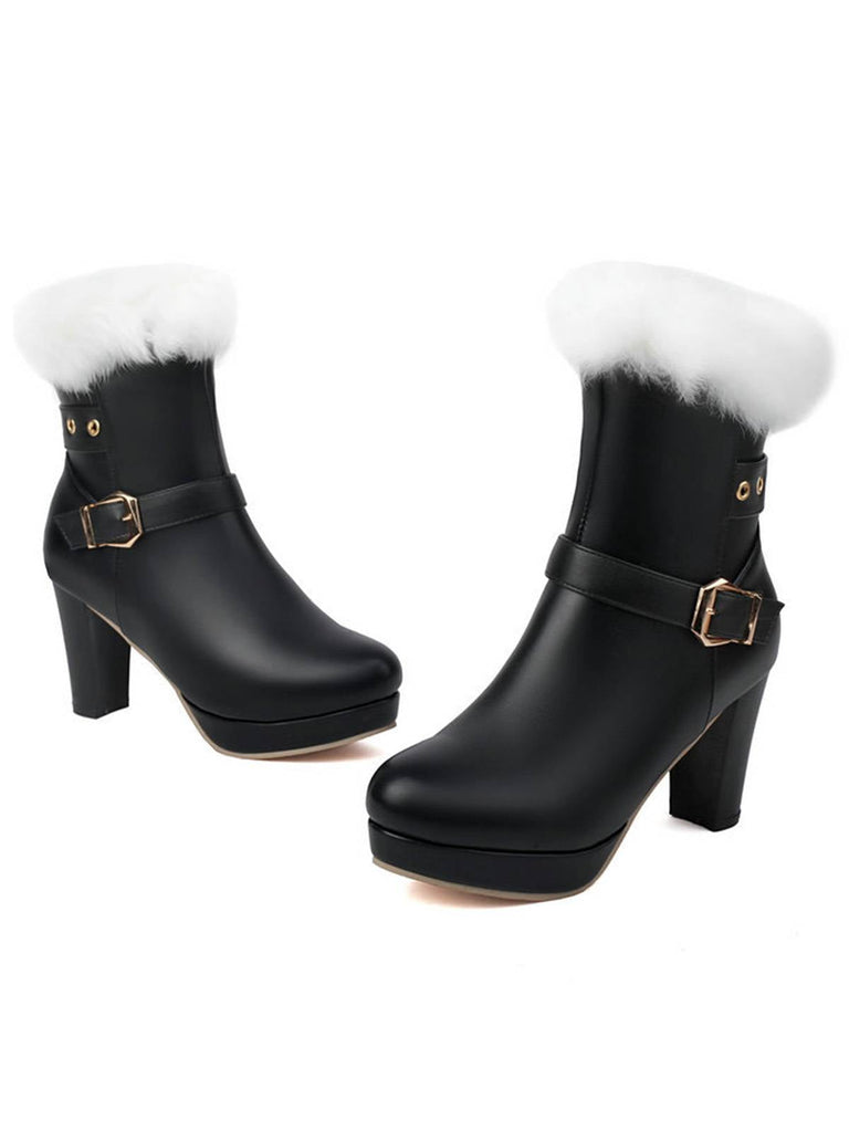 Stivali vintage con tacco alto e fibbia in pelliccia sintetica