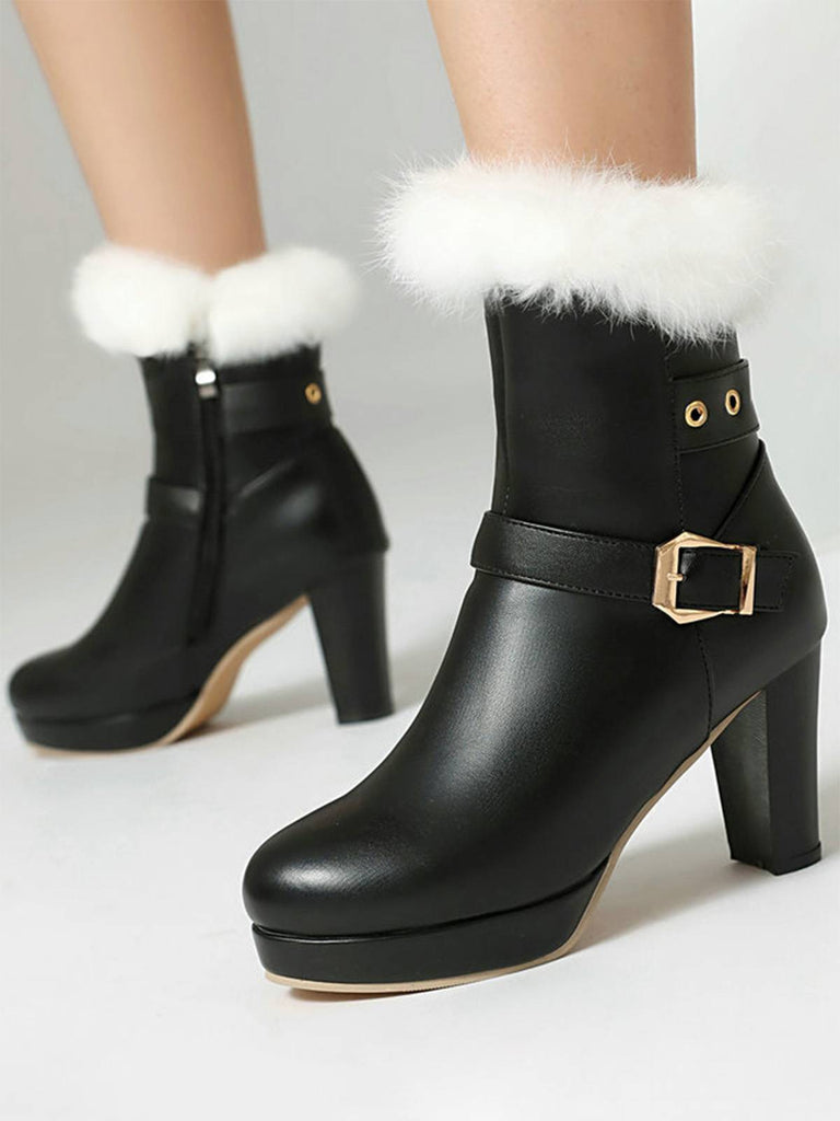 Stivali vintage con tacco alto e fibbia in pelliccia sintetica