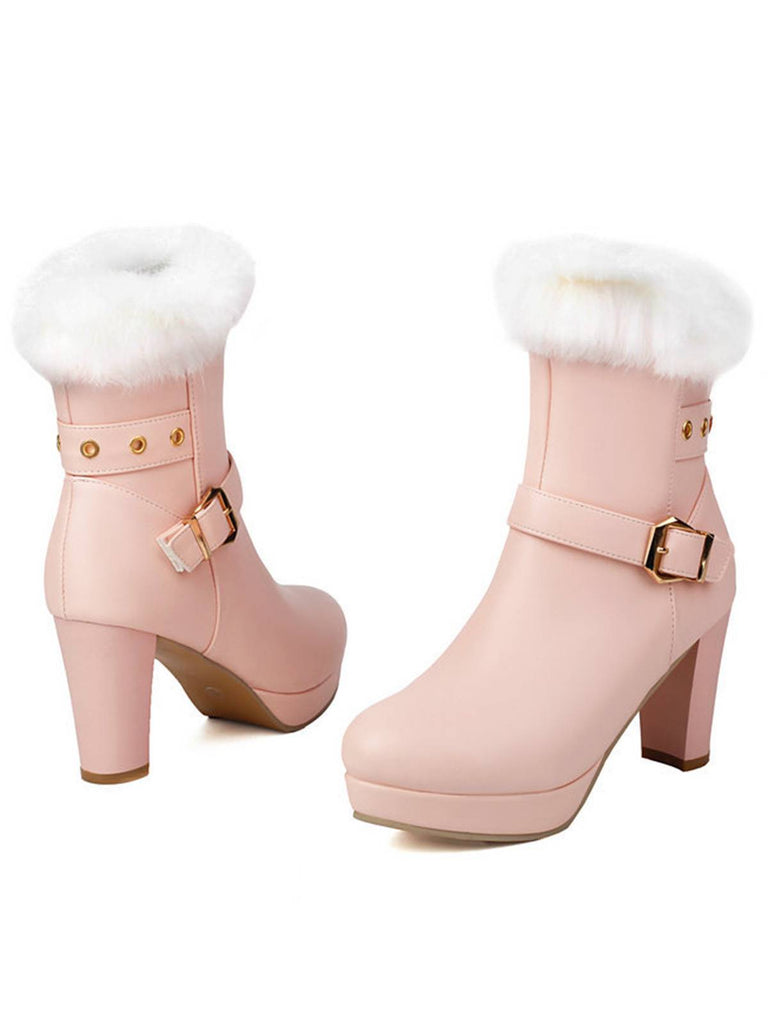 Stivali vintage con tacco alto e fibbia in pelliccia sintetica