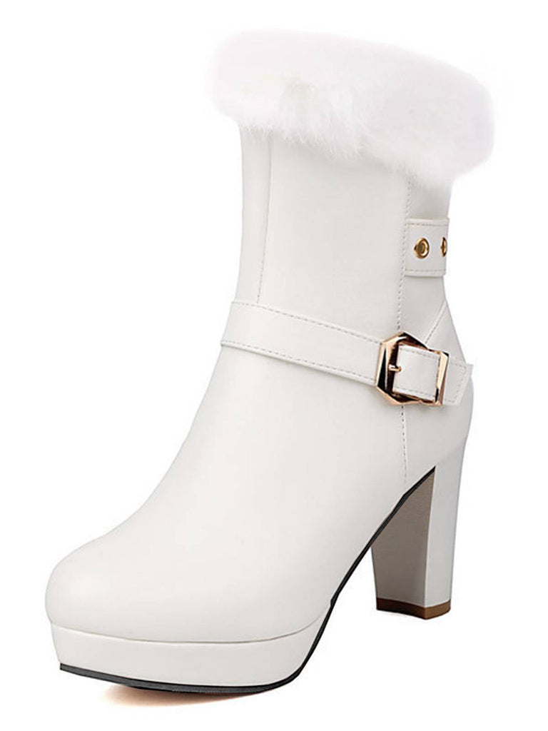 Stivali vintage con tacco alto e fibbia in pelliccia sintetica