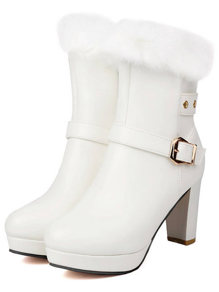 Stivali vintage con tacco alto e fibbia in pelliccia sintetica