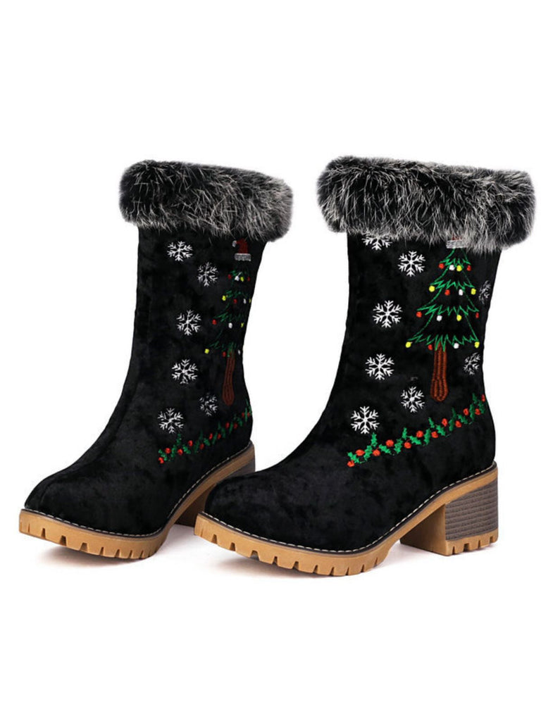 Stivali con tacco spesso in peluche a albero di Natale e fiocco di neve