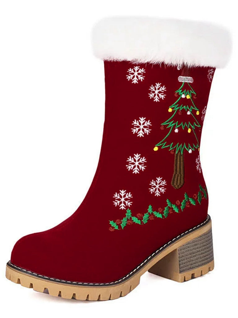 Stivali con tacco spesso in peluche a albero di Natale e fiocco di neve