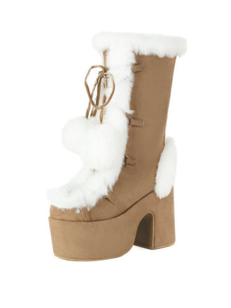 Stivali con punta tonda e tacco alto in pelliccia sintetica